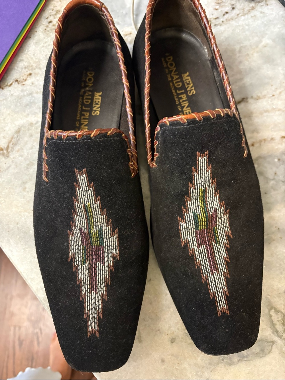 Donald J. Pliner Black Suede Slip-On Loafers with Multicolor Aztec style Motif